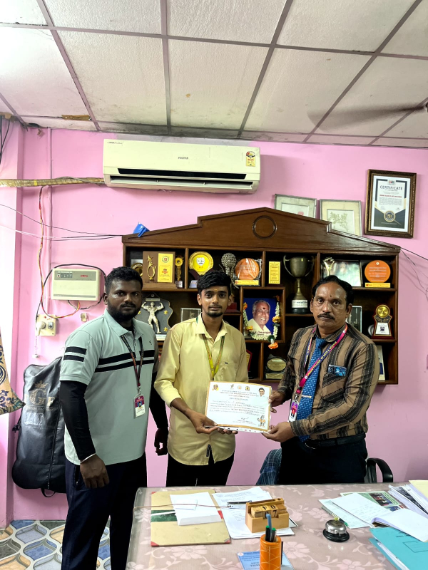 Mr. S. Niranjan, a III Year B.Com (CA) student, participated in the state-level competitions for the Chief Minister's Trophy Games held at AGP Complex, Velachery, Chennai. He secured the 11th position among many participants